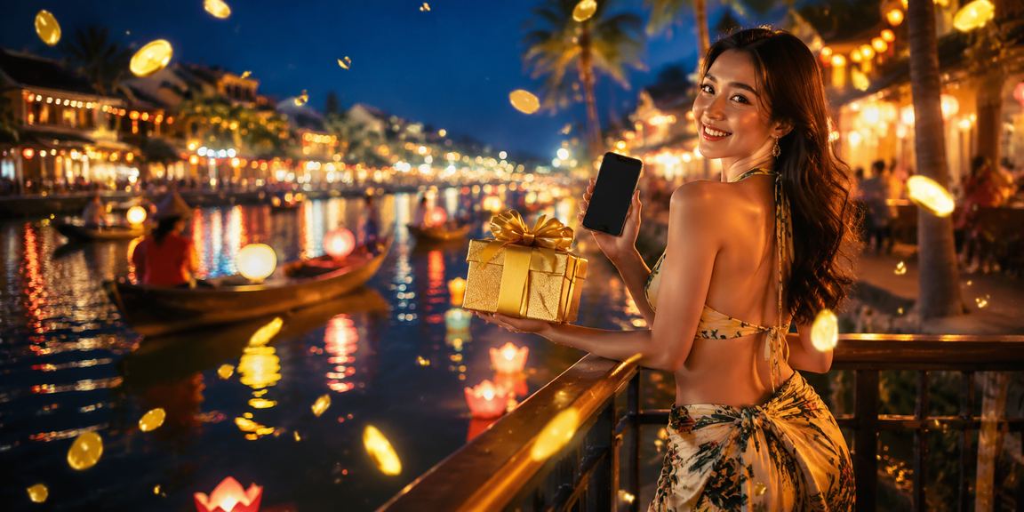 Người dùng truy cập casino trực tuyến trên điện thoại giữa lễ hội đèn lồng tại Hội An