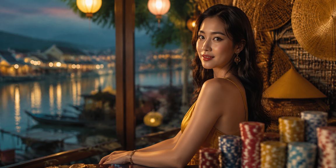 Không khí lễ hội đêm tại Hội An với ánh đèn lồng và trò chơi slot game trực tuyến trên điện thoại