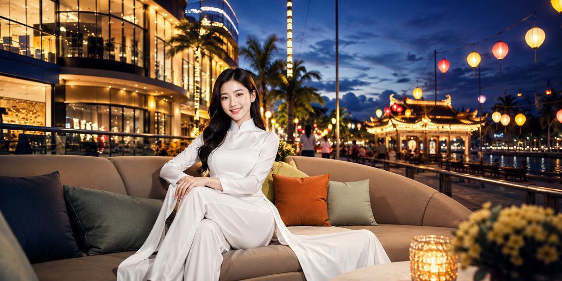 Người phụ nữ mặc áo dài truyền thống Huế trải nghiệm casino trực tuyến trên điện thoại